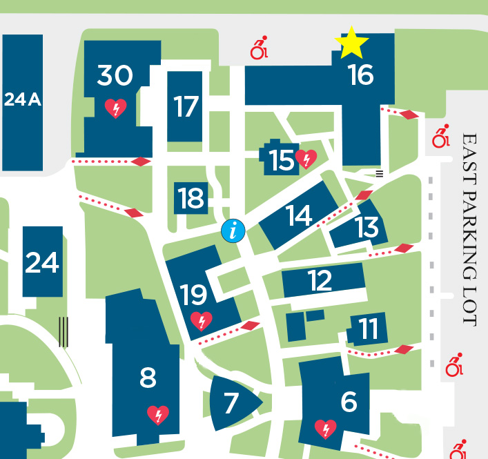 Map of Highline College indicating location of Community Pantry in Building 16, Room 180